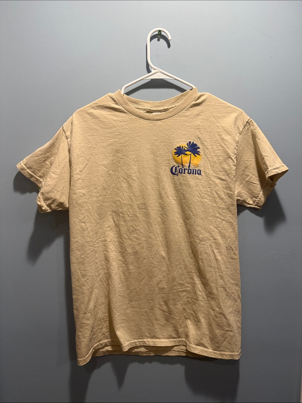 Gildan Beige Short-Sleeve Tee with Blue & Yellow Palm Logo